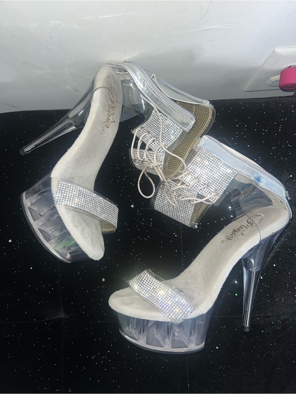 Pleaser Silver Rhinestone Clear Platform Stiletto Heels